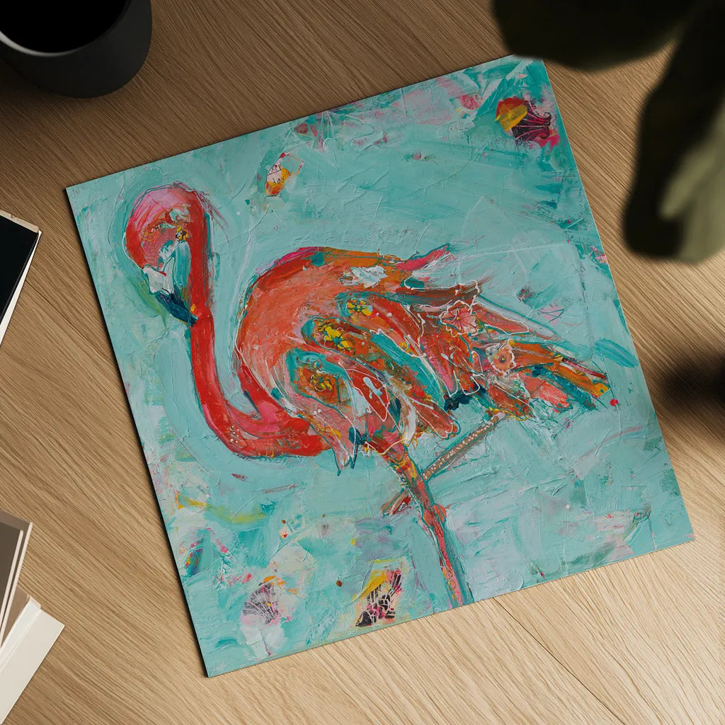 Flamingo by Kellie Day. Shown as a detailed flat fine art print, highlighting archival giclee quality. Available as an archival giclee rolled canvas, fine art paper, or poster print. SKU 37195a.