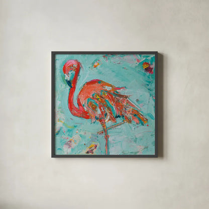 Flamingo by Kellie Day. Shown in a sleek black glass frame for a contemporary gallery look. Available as an archival giclee rolled canvas, fine art paper, or poster print. SKU 37195a.