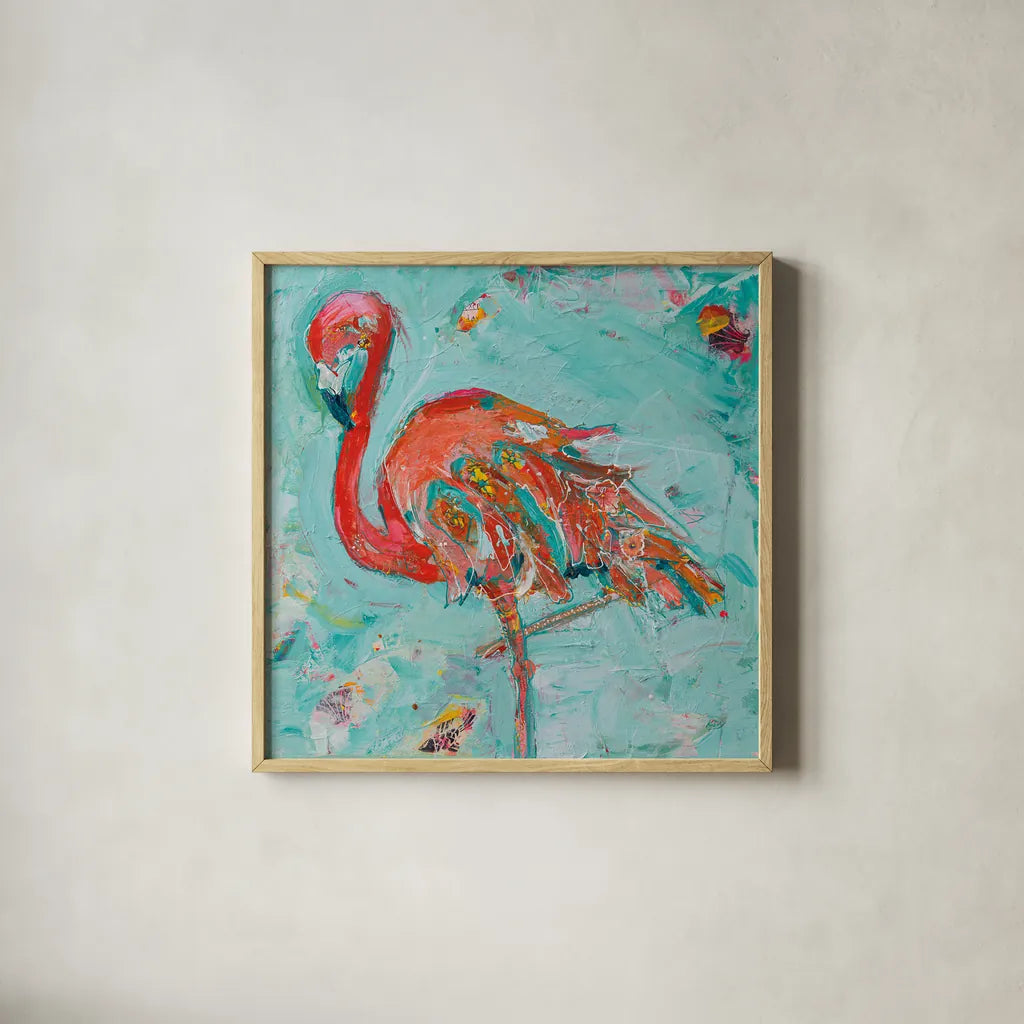 Flamingo by Kellie Day. Shown in a natural wood glass frame for a timeless modern aesthetic. Available as an archival giclee rolled canvas, fine art paper, or poster print. SKU 37195a.