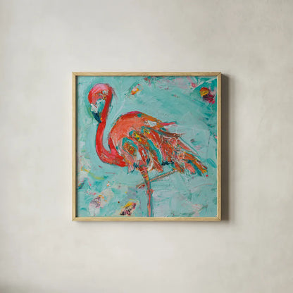 Flamingo by Kellie Day. Shown in a natural wood glass frame for a timeless modern aesthetic. Available as an archival giclee rolled canvas, fine art paper, or poster print. SKU 37195a.
