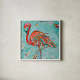 Flamingo by Kellie Day. Shown in a crisp white glass frame for a clean and minimalist style. Available as an archival giclee rolled canvas, fine art paper, or poster print. SKU 37195a.