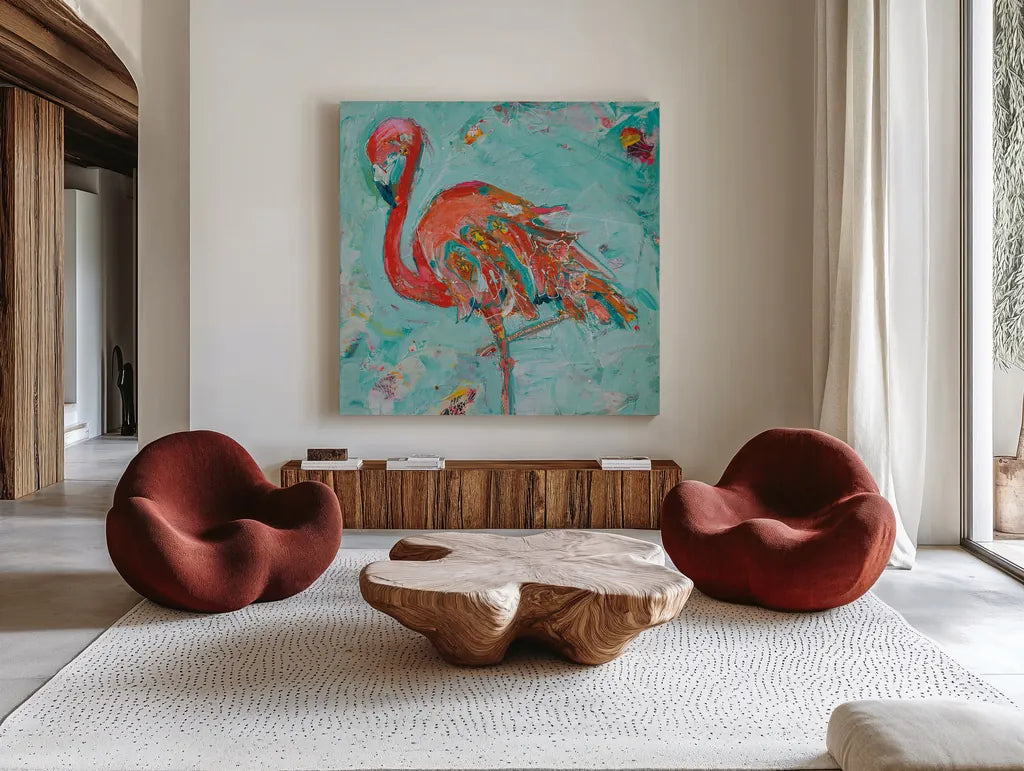 Flamingo by Kellie Day. Shown as extra-large giant wall art in a modern living room. Available as an archival giclee rolled canvas, fine art paper, or poster print. SKU 37195a.
