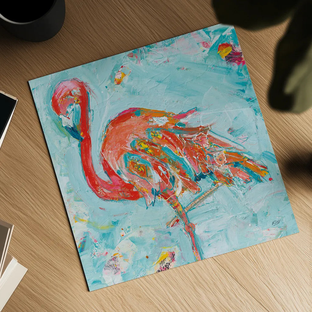 Flamingo Bright by Kellie Day. Shown as a detailed flat fine art print, highlighting archival giclee quality. Available as an archival giclee rolled canvas, fine art paper, or poster print. SKU 37669a.