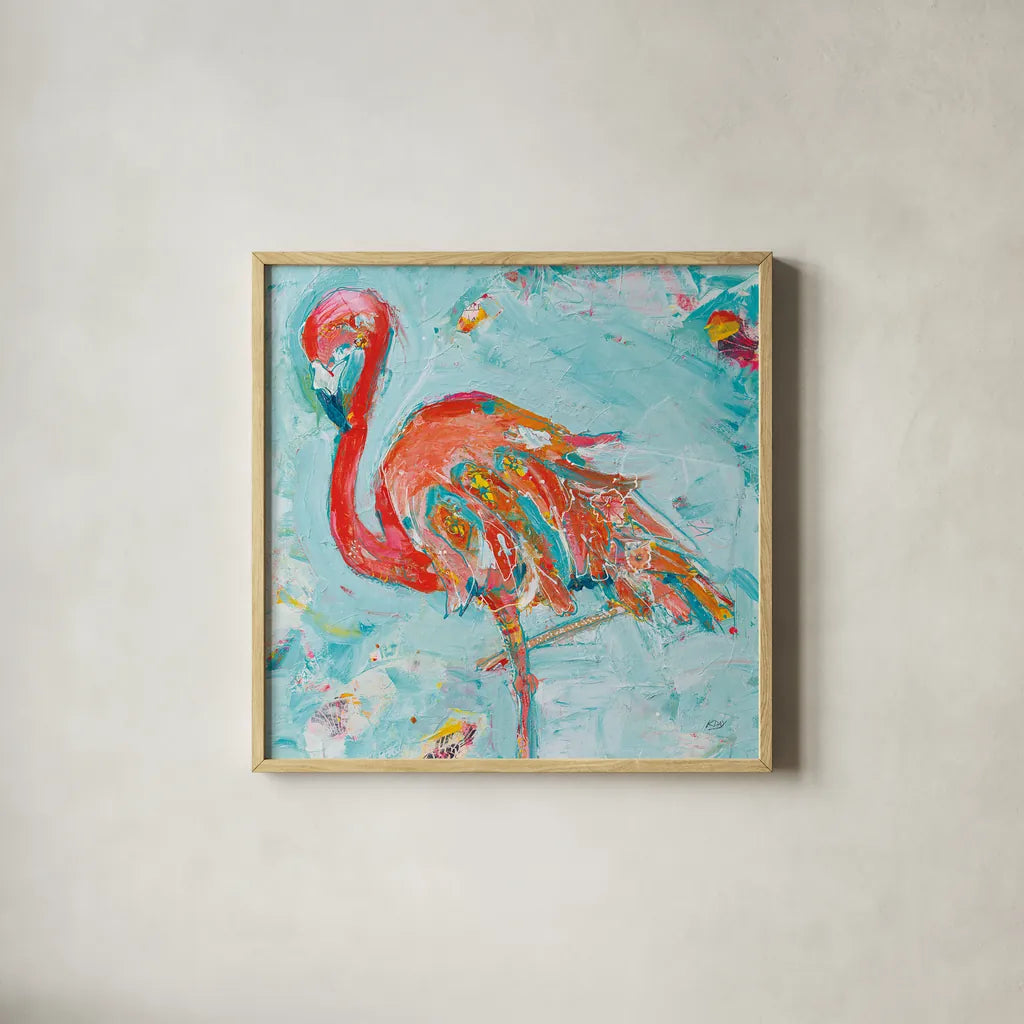 Flamingo Bright by Kellie Day. Shown in a natural wood glass frame for a timeless modern aesthetic. Available as an archival giclee rolled canvas, fine art paper, or poster print. SKU 37669a.