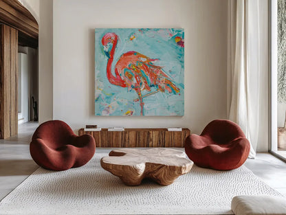 Flamingo Bright by Kellie Day. Shown as extra-large giant wall art in a modern living room. Available as an archival giclee rolled canvas, fine art paper, or poster print. SKU 37669a.