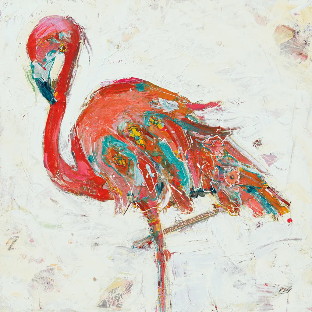 Flamingo on White by Kellie Day. SKU 54287a. Archival Giclee Fine art print for wall decor.