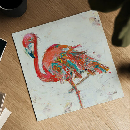 Flamingo on White by Kellie Day. Shown as a detailed flat fine art print, highlighting archival giclee quality. Available as an archival giclee rolled canvas, fine art paper, or poster print. SKU 54287a.
