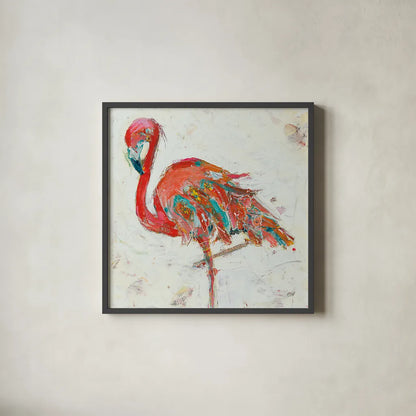 Flamingo on White by Kellie Day. Shown in a sleek black glass frame for a contemporary gallery look. Available as an archival giclee rolled canvas, fine art paper, or poster print. SKU 54287a.