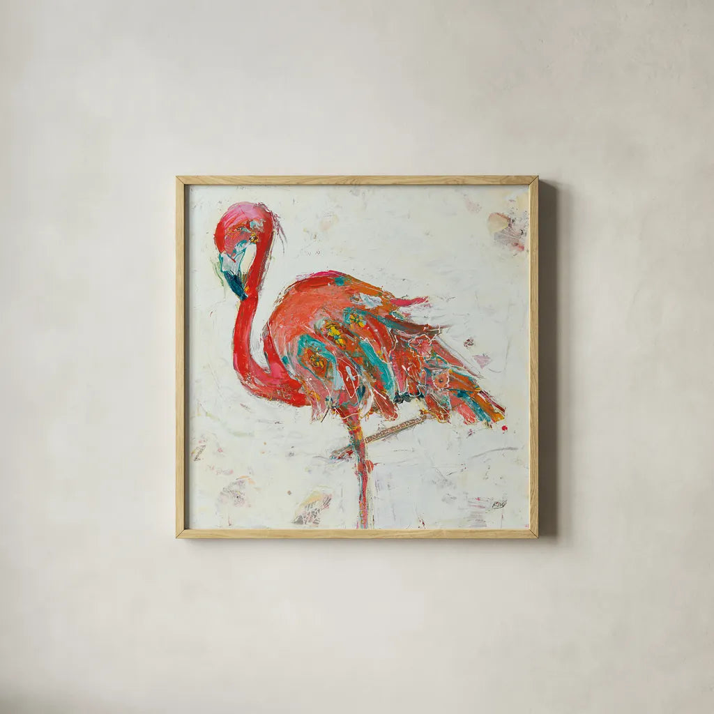 Flamingo on White by Kellie Day. Shown in a natural wood glass frame for a timeless modern aesthetic. Available as an archival giclee rolled canvas, fine art paper, or poster print. SKU 54287a.