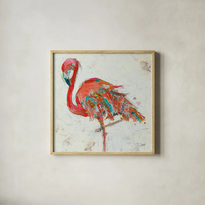 Flamingo on White by Kellie Day. Shown in a natural wood glass frame for a timeless modern aesthetic. Available as an archival giclee rolled canvas, fine art paper, or poster print. SKU 54287a.