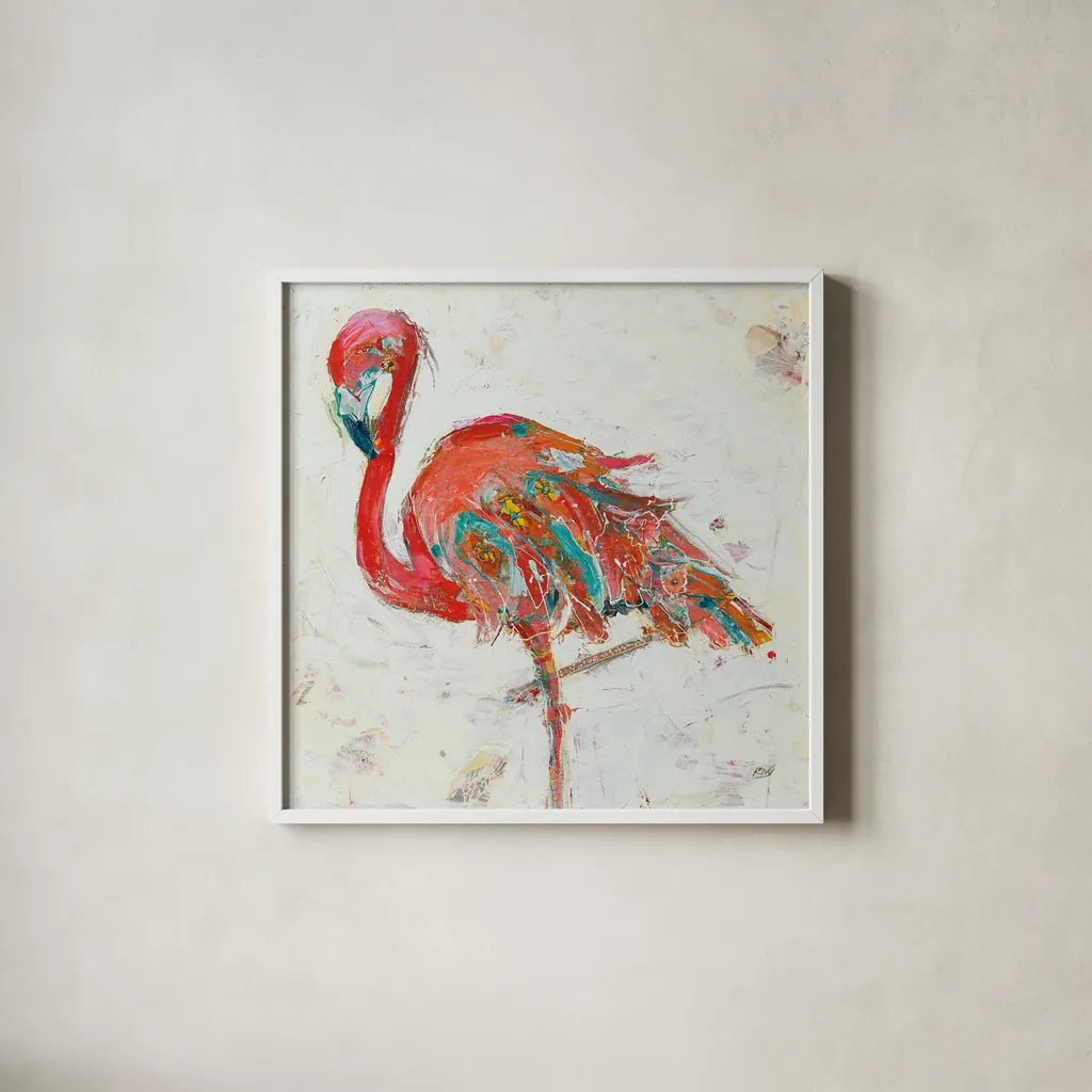 Flamingo on White by Kellie Day. Shown in a crisp white glass frame for a clean and minimalist style. Available as an archival giclee rolled canvas, fine art paper, or poster print. SKU 54287a.