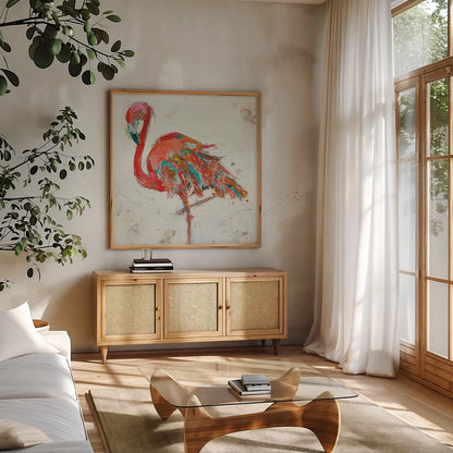 Flamingo on White by Kellie Day. Shown in a natural wood frame in a cozy modern living room. Available as an archival giclee rolled canvas, fine art paper, or poster print. SKU 54287a.