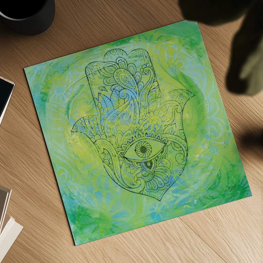 Hamsa Eye by Kellie Day. Shown as a detailed flat fine art print, highlighting archival giclee quality. Available as an archival giclee rolled canvas, fine art paper, or poster print. SKU 70555a.