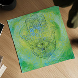 Hamsa Eye by Kellie Day. Shown as a detailed flat fine art print, highlighting archival giclee quality. Available as an archival giclee rolled canvas, fine art paper, or poster print. SKU 70555a.