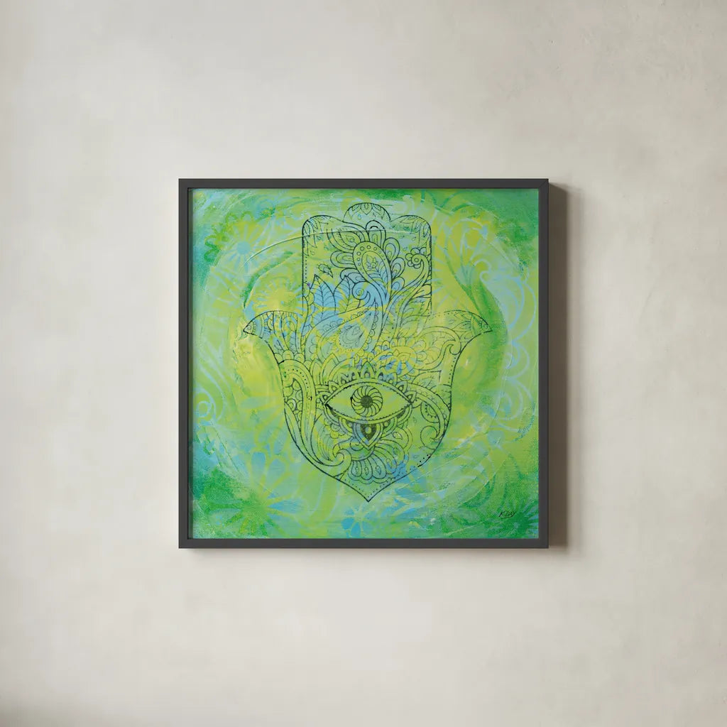 Hamsa Eye by Kellie Day. Shown in a sleek black glass frame for a contemporary gallery look. Available as an archival giclee rolled canvas, fine art paper, or poster print. SKU 70555a.