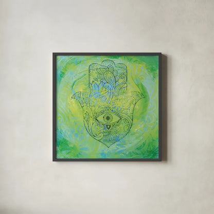 Hamsa Eye by Kellie Day. Shown in a sleek black glass frame for a contemporary gallery look. Available as an archival giclee rolled canvas, fine art paper, or poster print. SKU 70555a.