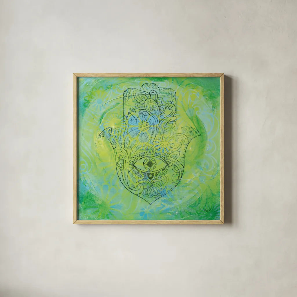 Hamsa Eye by Kellie Day. Shown in a natural wood glass frame for a timeless modern aesthetic. Available as an archival giclee rolled canvas, fine art paper, or poster print. SKU 70555a.