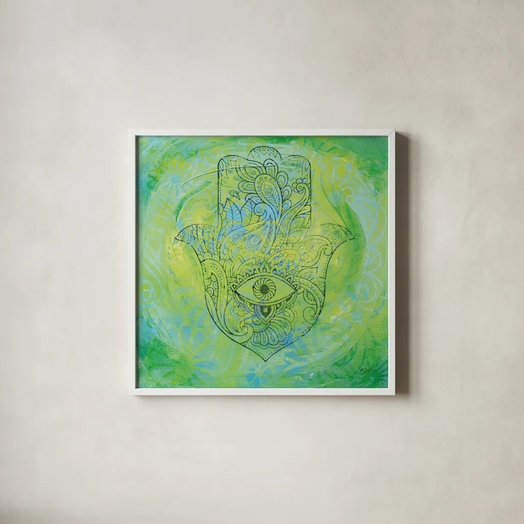 Hamsa Eye by Kellie Day. Shown in a crisp white glass frame for a clean and minimalist style. Available as an archival giclee rolled canvas, fine art paper, or poster print. SKU 70555a.