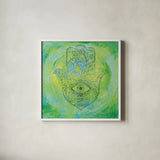 Hamsa Eye by Kellie Day. Shown in a crisp white glass frame for a clean and minimalist style. Available as an archival giclee rolled canvas, fine art paper, or poster print. SKU 70555a.