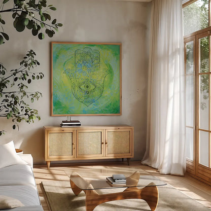 Hamsa Eye by Kellie Day. Shown in a natural wood frame in a cozy modern living room. Available as an archival giclee rolled canvas, fine art paper, or poster print. SKU 70555a.