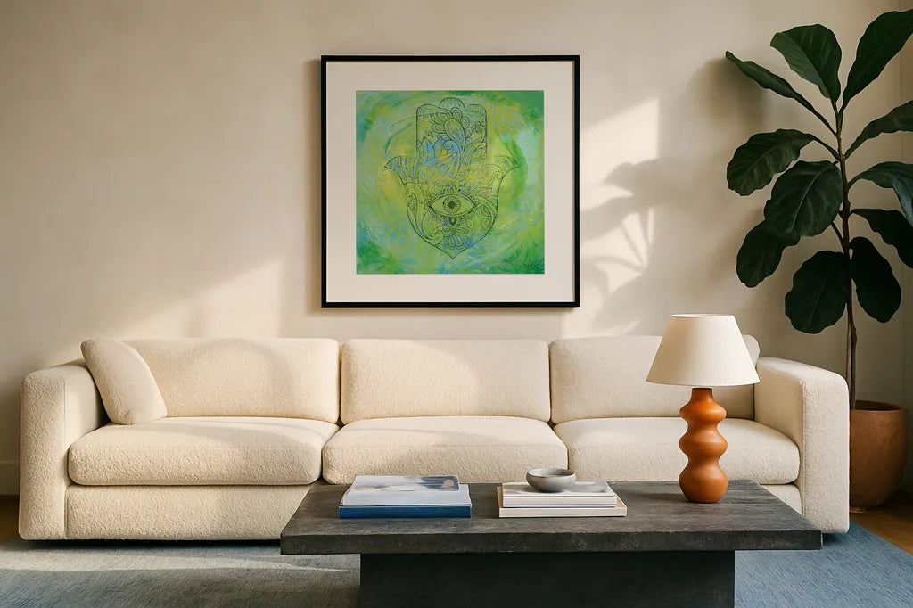 Hamsa Eye by Kellie Day. Displayed in a glass frame with matte in a clean modern living room. Available as an archival giclee rolled canvas, fine art paper, or poster print. SKU 70555a.