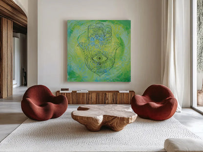 Hamsa Eye by Kellie Day. Shown as extra-large giant wall art in a modern living room. Available as an archival giclee rolled canvas, fine art paper, or poster print. SKU 70555a.