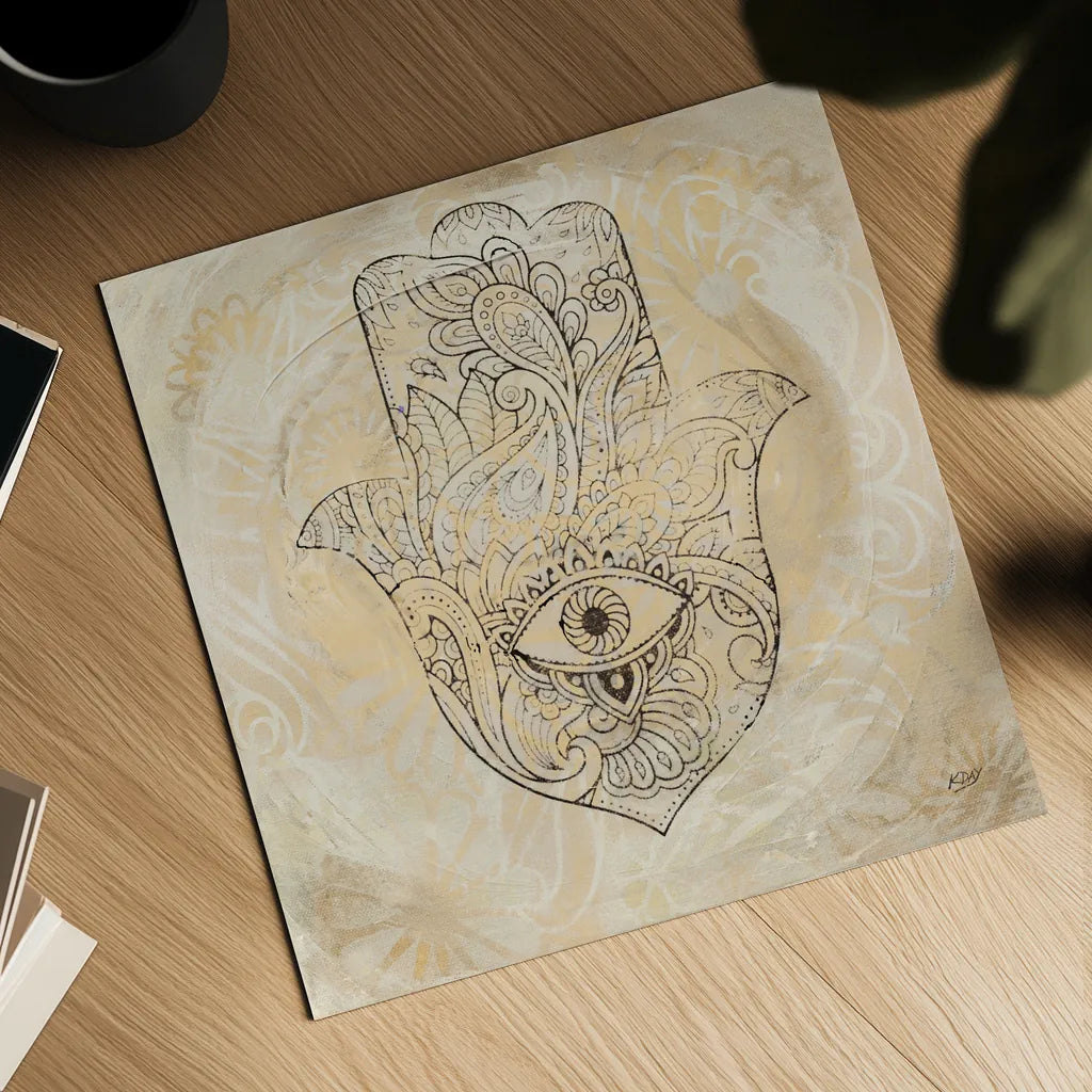 Hamsa Eye Neutral by Kellie Day. Shown as a detailed flat fine art print, highlighting archival giclee quality. Available as an archival giclee rolled canvas, fine art paper, or poster print. SKU 70610a.