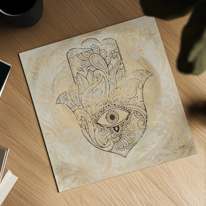 Hamsa Eye Neutral by Kellie Day. Shown as a detailed flat fine art print, highlighting archival giclee quality. Available as an archival giclee rolled canvas, fine art paper, or poster print. SKU 70610a.