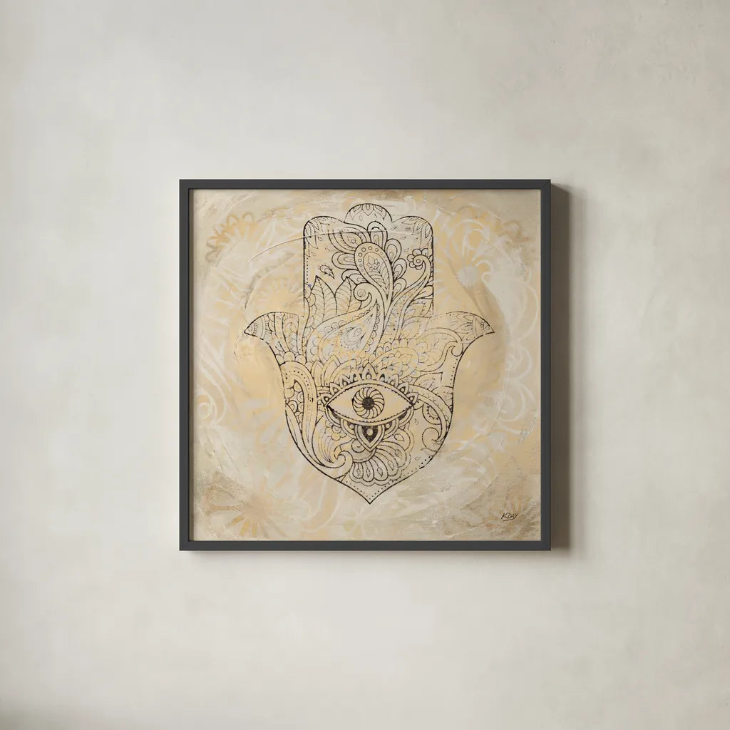 Hamsa Eye Neutral by Kellie Day. Shown in a sleek black glass frame for a contemporary gallery look. Available as an archival giclee rolled canvas, fine art paper, or poster print. SKU 70610a.