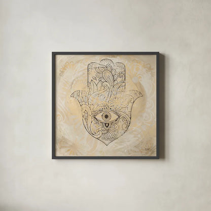 Hamsa Eye Neutral by Kellie Day. Shown in a sleek black glass frame for a contemporary gallery look. Available as an archival giclee rolled canvas, fine art paper, or poster print. SKU 70610a.