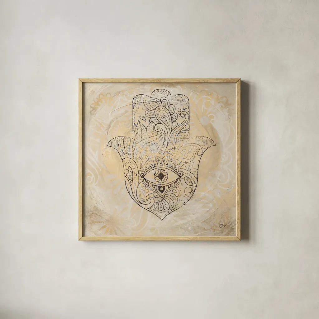 Hamsa Eye Neutral by Kellie Day. Shown in a natural wood glass frame for a timeless modern aesthetic. Available as an archival giclee rolled canvas, fine art paper, or poster print. SKU 70610a.
