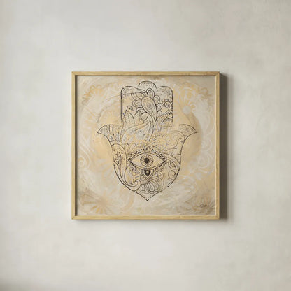 Hamsa Eye Neutral by Kellie Day. Shown in a natural wood glass frame for a timeless modern aesthetic. Available as an archival giclee rolled canvas, fine art paper, or poster print. SKU 70610a.