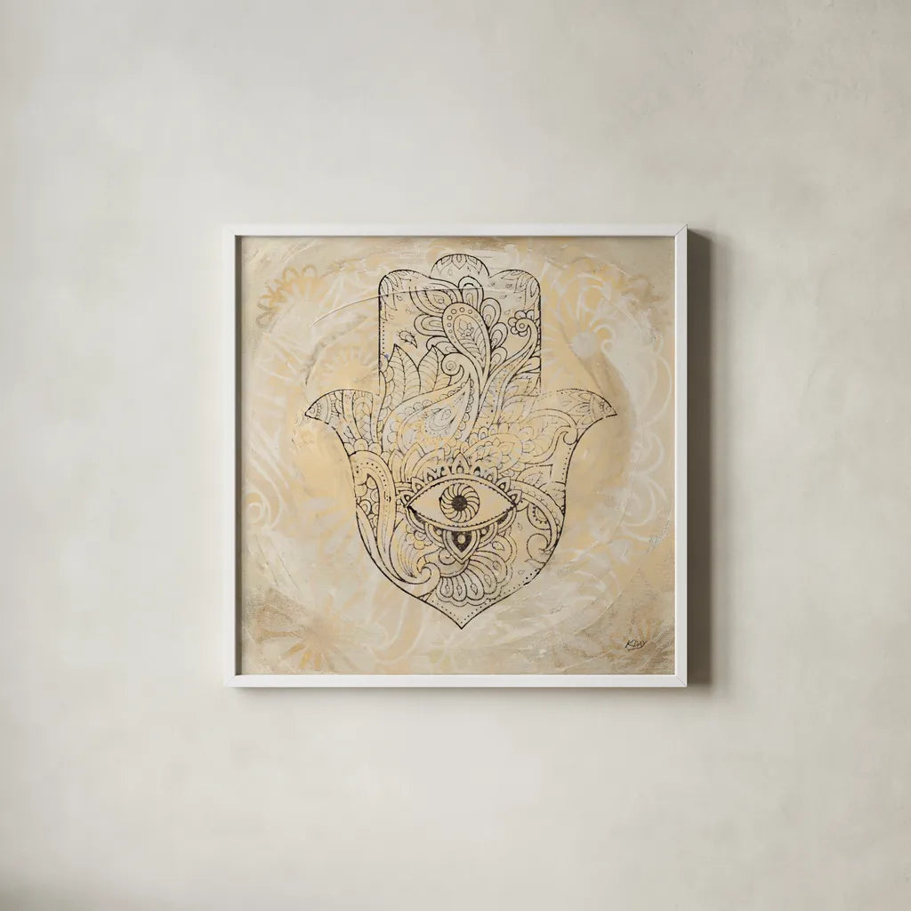 Hamsa Eye Neutral by Kellie Day. Shown in a crisp white glass frame for a clean and minimalist style. Available as an archival giclee rolled canvas, fine art paper, or poster print. SKU 70610a.