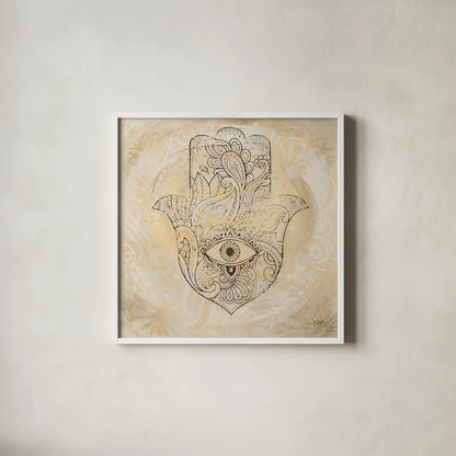 Hamsa Eye Neutral by Kellie Day. Shown in a crisp white glass frame for a clean and minimalist style. Available as an archival giclee rolled canvas, fine art paper, or poster print. SKU 70610a.