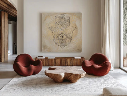 Hamsa Eye Neutral by Kellie Day. Shown as extra-large giant wall art in a modern living room. Available as an archival giclee rolled canvas, fine art paper, or poster print. SKU 70610a.