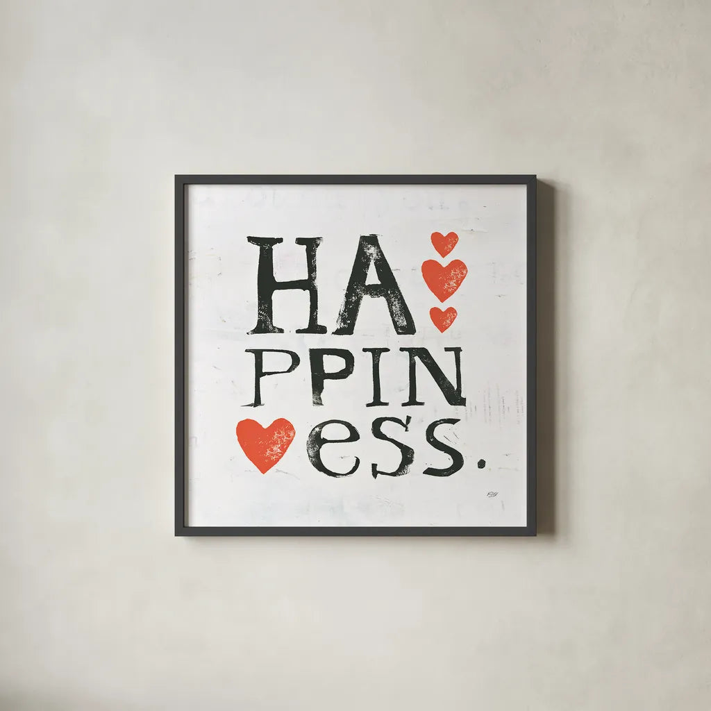 Happiness by Kellie Day. Shown in a sleek black glass frame for a contemporary gallery look. Available as an archival giclee rolled canvas, fine art paper, or poster print. SKU 29367a.