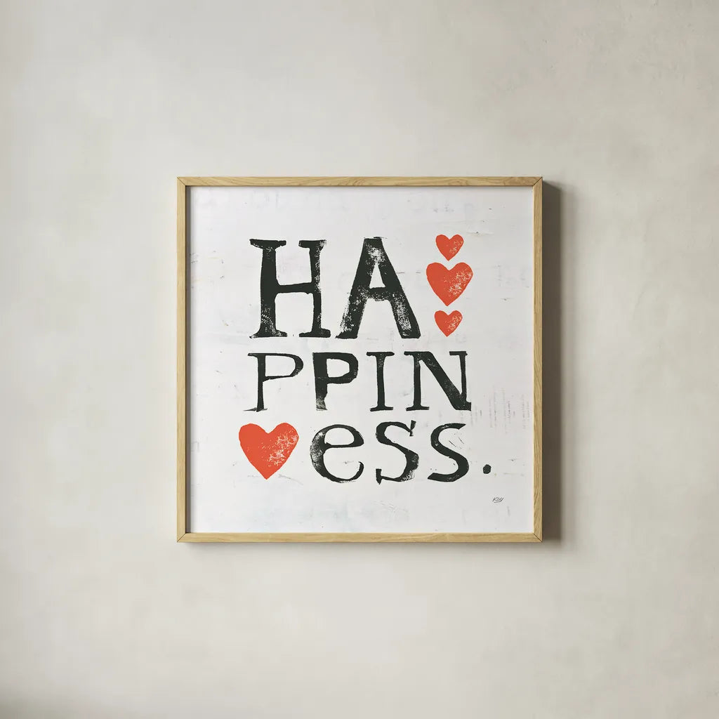 Happiness by Kellie Day. Shown in a natural wood glass frame for a timeless modern aesthetic. Available as an archival giclee rolled canvas, fine art paper, or poster print. SKU 29367a.