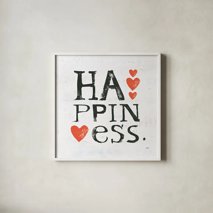 Happiness by Kellie Day. Shown in a crisp white glass frame for a clean and minimalist style. Available as an archival giclee rolled canvas, fine art paper, or poster print. SKU 29367a.