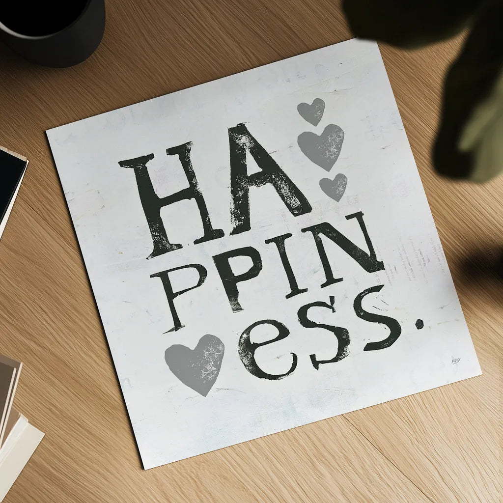 Happiness Gray Hearts by Kellie Day. Shown as a detailed flat fine art print, highlighting archival giclee quality. Available as an archival giclee rolled canvas, fine art paper, or poster print. SKU 31339a.