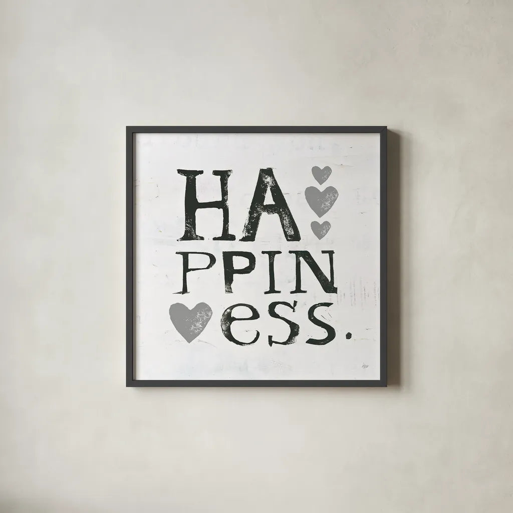 Happiness Gray Hearts by Kellie Day. Shown in a sleek black glass frame for a contemporary gallery look. Available as an archival giclee rolled canvas, fine art paper, or poster print. SKU 31339a.