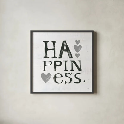 Happiness Gray Hearts by Kellie Day. Shown in a sleek black glass frame for a contemporary gallery look. Available as an archival giclee rolled canvas, fine art paper, or poster print. SKU 31339a.