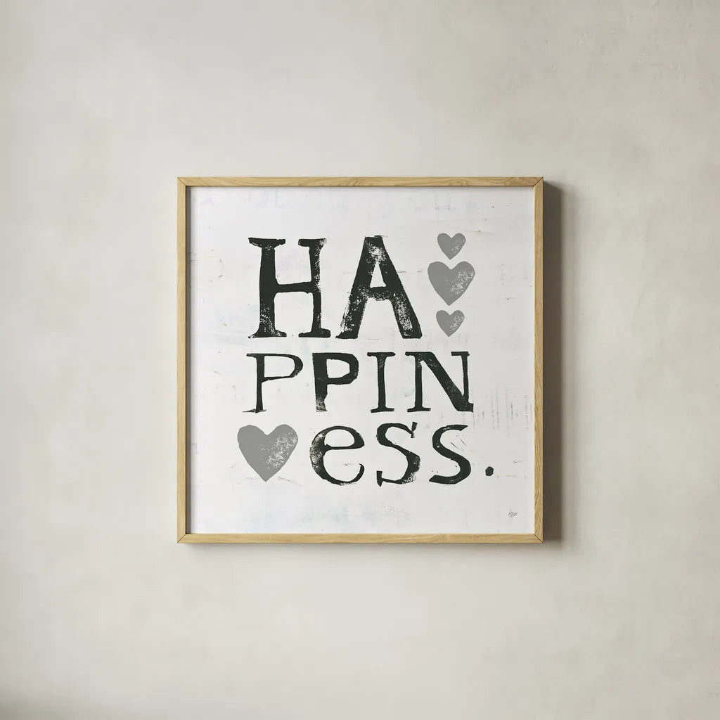 Happiness Gray Hearts by Kellie Day. Shown in a natural wood glass frame for a timeless modern aesthetic. Available as an archival giclee rolled canvas, fine art paper, or poster print. SKU 31339a.