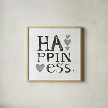 Happiness Gray Hearts by Kellie Day. Shown in a natural wood glass frame for a timeless modern aesthetic. Available as an archival giclee rolled canvas, fine art paper, or poster print. SKU 31339a.