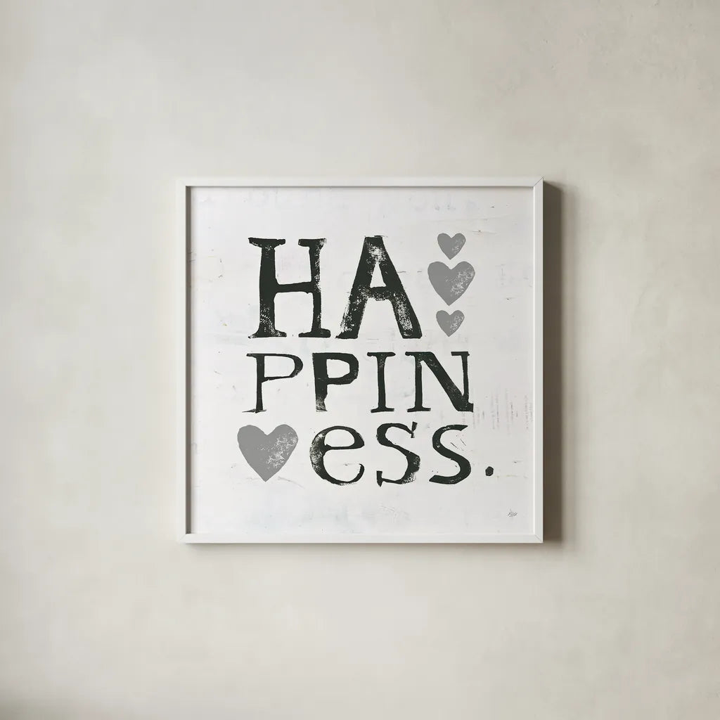 Happiness Gray Hearts by Kellie Day. Shown in a crisp white glass frame for a clean and minimalist style. Available as an archival giclee rolled canvas, fine art paper, or poster print. SKU 31339a.