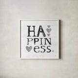Happiness Gray Hearts by Kellie Day. Shown in a crisp white glass frame for a clean and minimalist style. Available as an archival giclee rolled canvas, fine art paper, or poster print. SKU 31339a.