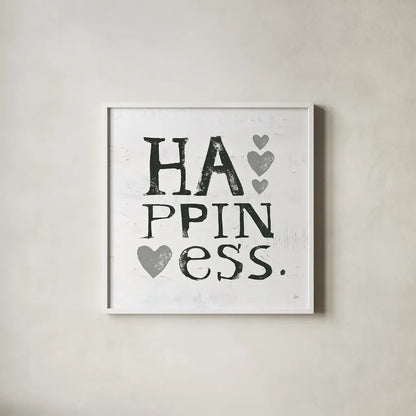 Happiness Gray Hearts by Kellie Day. Shown in a crisp white glass frame for a clean and minimalist style. Available as an archival giclee rolled canvas, fine art paper, or poster print. SKU 31339a.