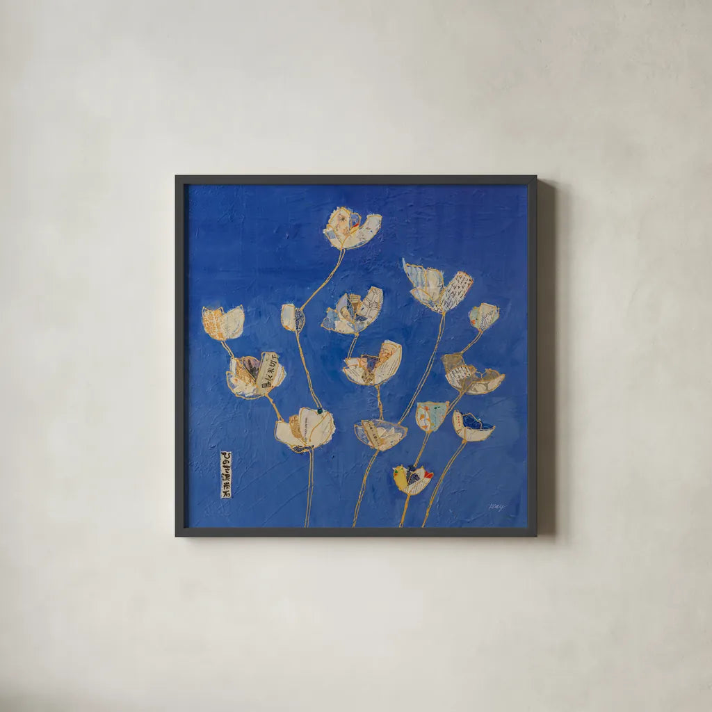 Kims Tulips Crop by Kellie Day. Shown in a sleek black glass frame for a contemporary gallery look. Available as an archival giclee rolled canvas, fine art paper, or poster print. SKU 72828a.