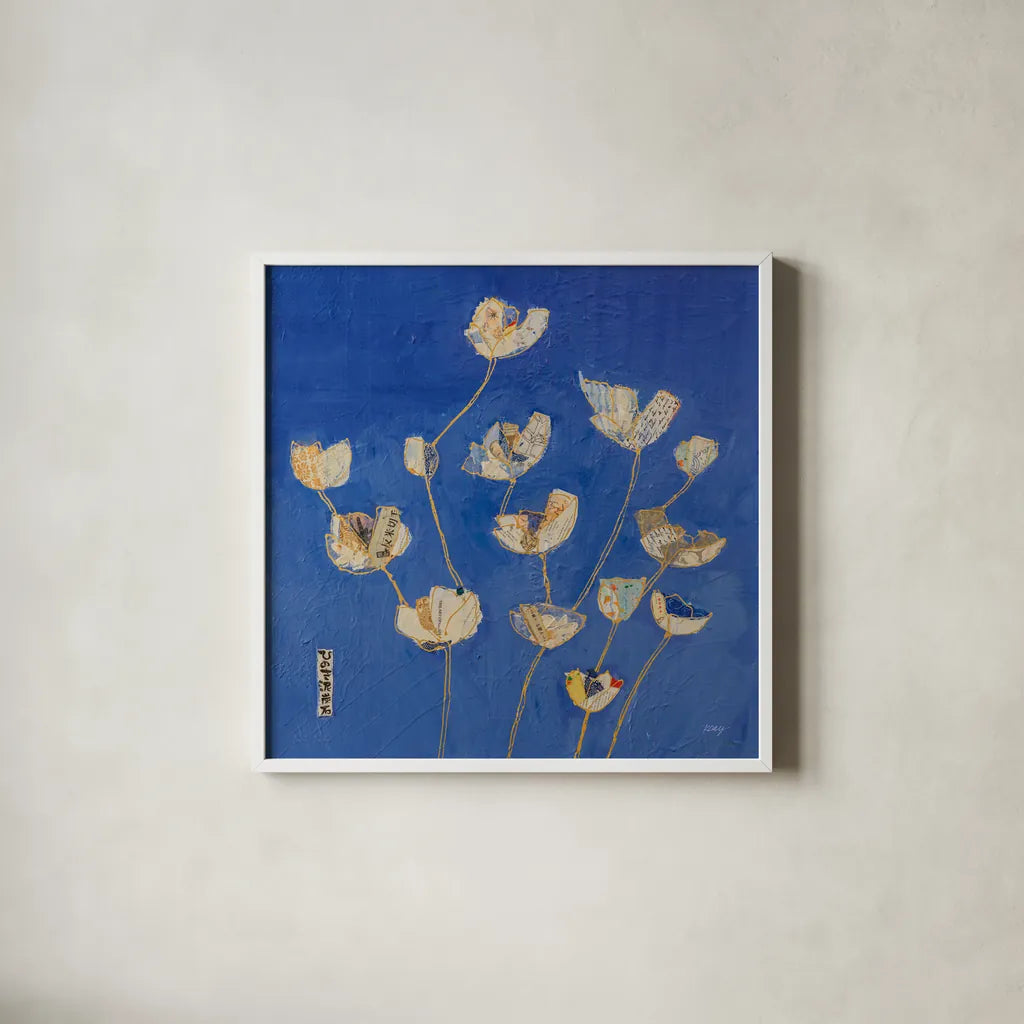Kims Tulips Crop by Kellie Day. Shown in a crisp white glass frame for a clean and minimalist style. Available as an archival giclee rolled canvas, fine art paper, or poster print. SKU 72828a.