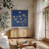 Kims Tulips Crop by Kellie Day. Shown in a natural wood frame in a cozy modern living room. Available as an archival giclee rolled canvas, fine art paper, or poster print. SKU 72828a.
