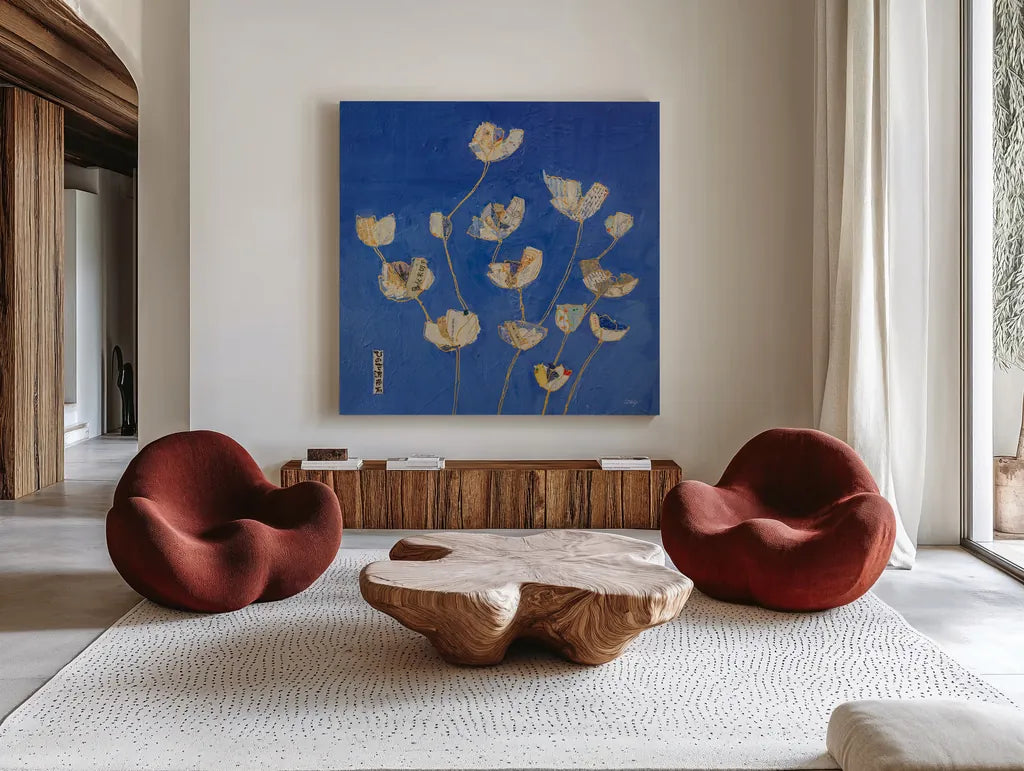 Kims Tulips Crop by Kellie Day. Shown as extra-large giant wall art in a modern living room. Available as an archival giclee rolled canvas, fine art paper, or poster print. SKU 72828a.